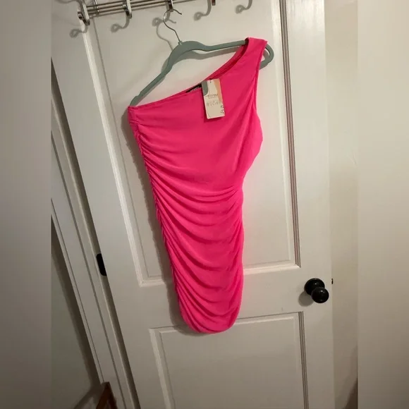 BTFBM One Shoulder Ruched Neon Pink Mini Dress - Picture 6 of 7